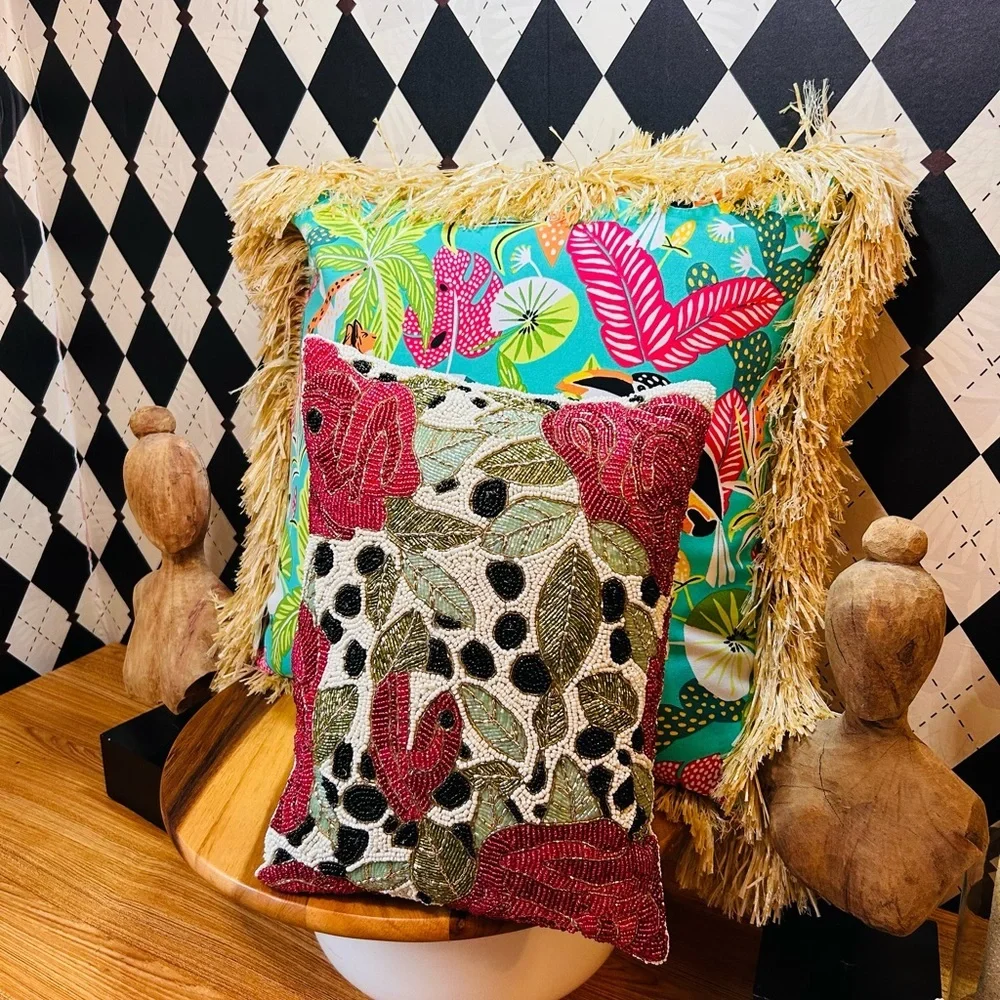 Pair of Statement Pillows | Beaded Botanical & Tropical Print with Rattan Fringe